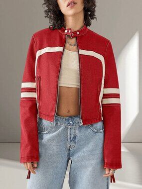 Red Casual Women's  Zip Up Stand Collar Cropped Faux Leather Jacket